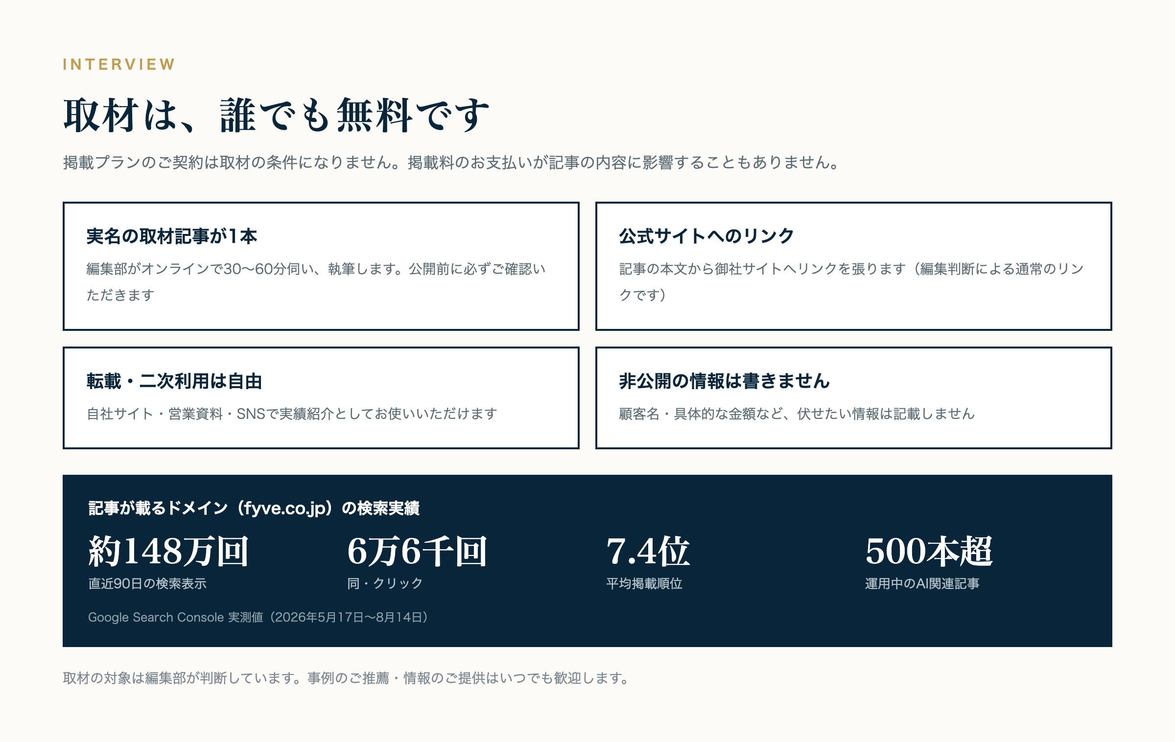 取材が無料であること、得られる4つのもの、記事が載るドメインの検索実績