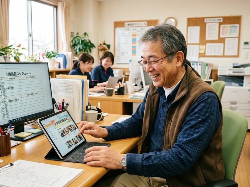 60代のスタッフがiPadで介護記録を入力