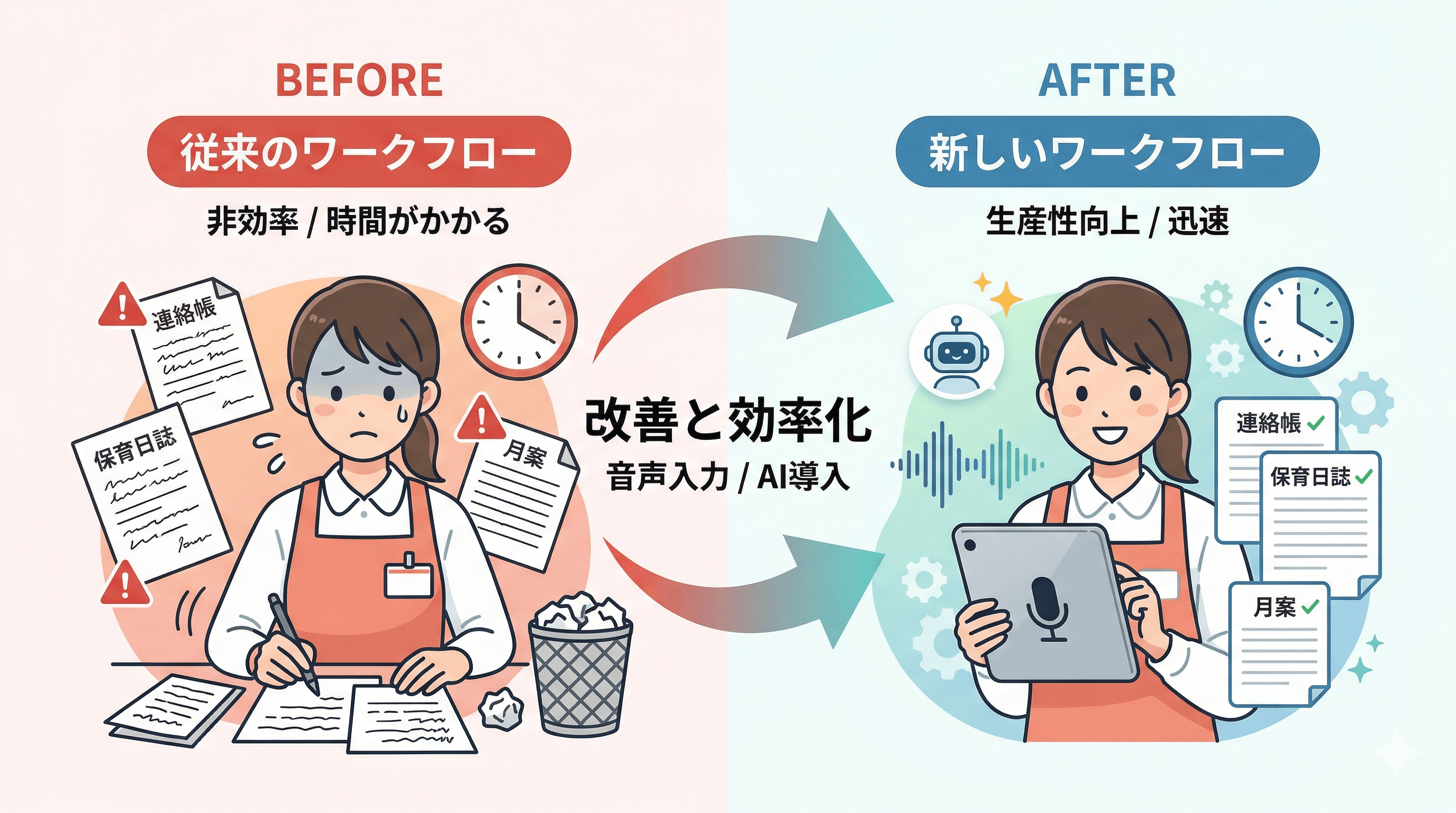 Before: 手書きの連絡帳 → After: 音声入力×AIによる自動化