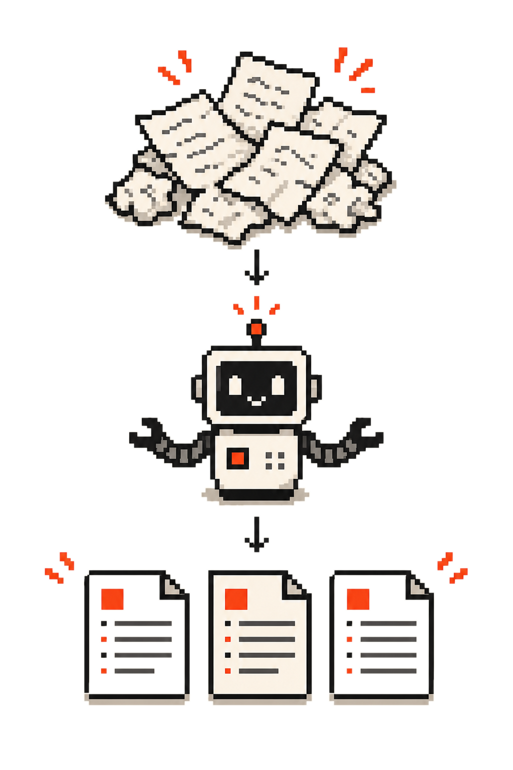 手書きメモの束をAIロボットが受け取り、整った書類に変換するイラスト