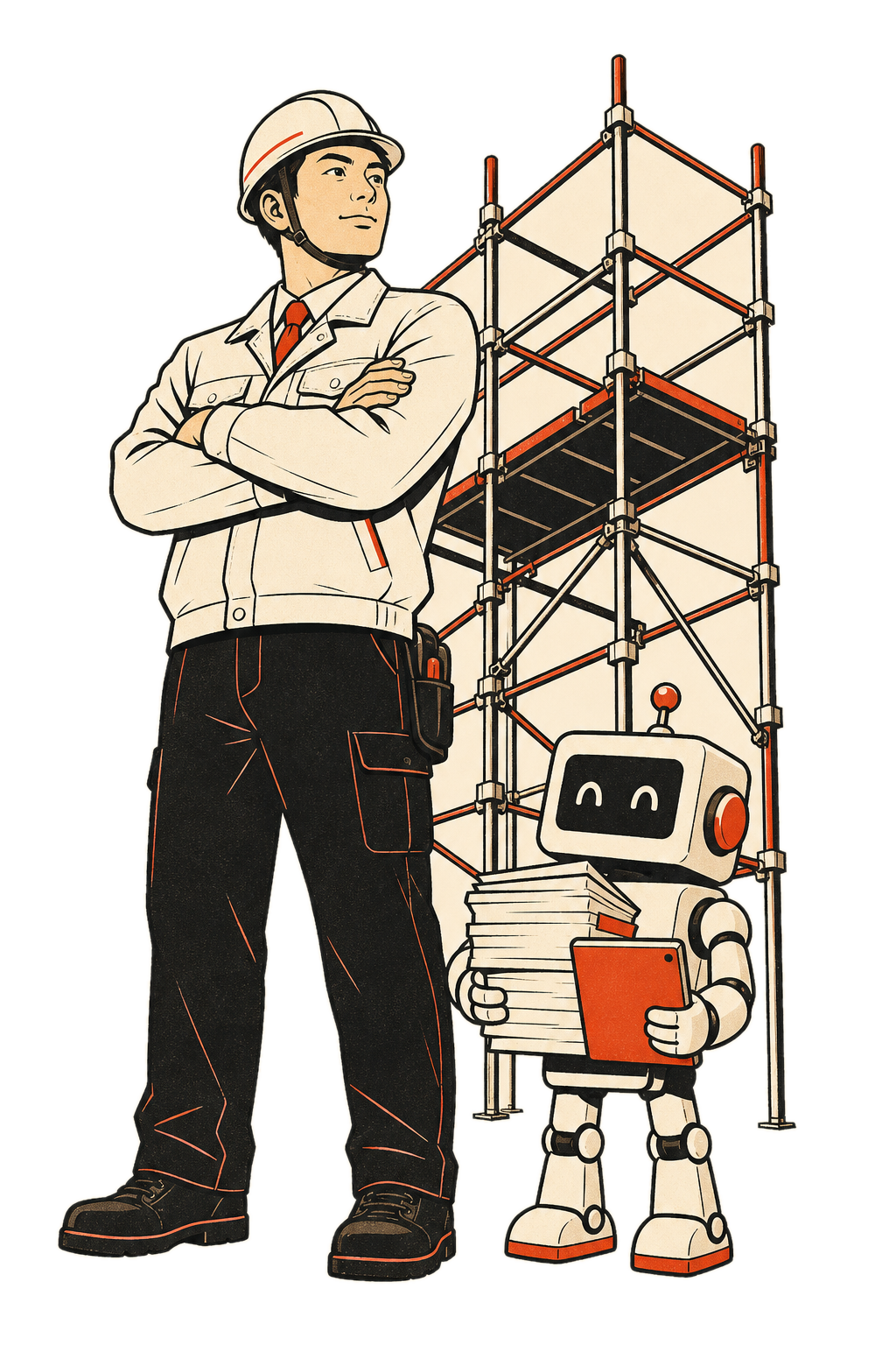 ヘルメット姿の現場監督の隣で、AIロボットが書類とタブレットを抱えて事務仕事を引き受けているイラスト