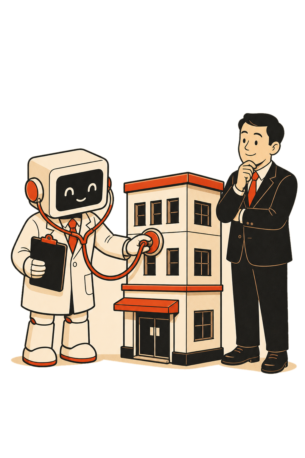 白衣を着たAIロボットが聴診器で会社の建物を診察し、経営者が見守っているイラスト
