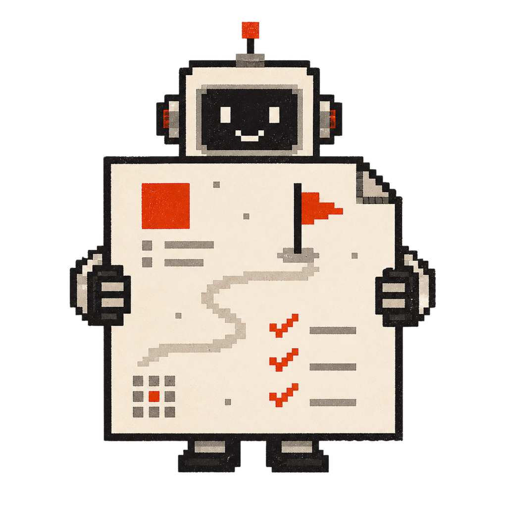 AIロボットが道と旗の描かれたロードマップの報告書を差し出しているイラスト