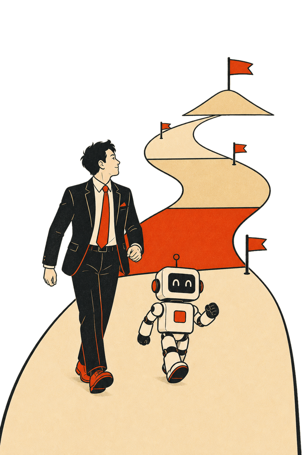 経営者とAIロボットが、旗の立つ4つの区間に分かれた一本道を歩いていくイラスト