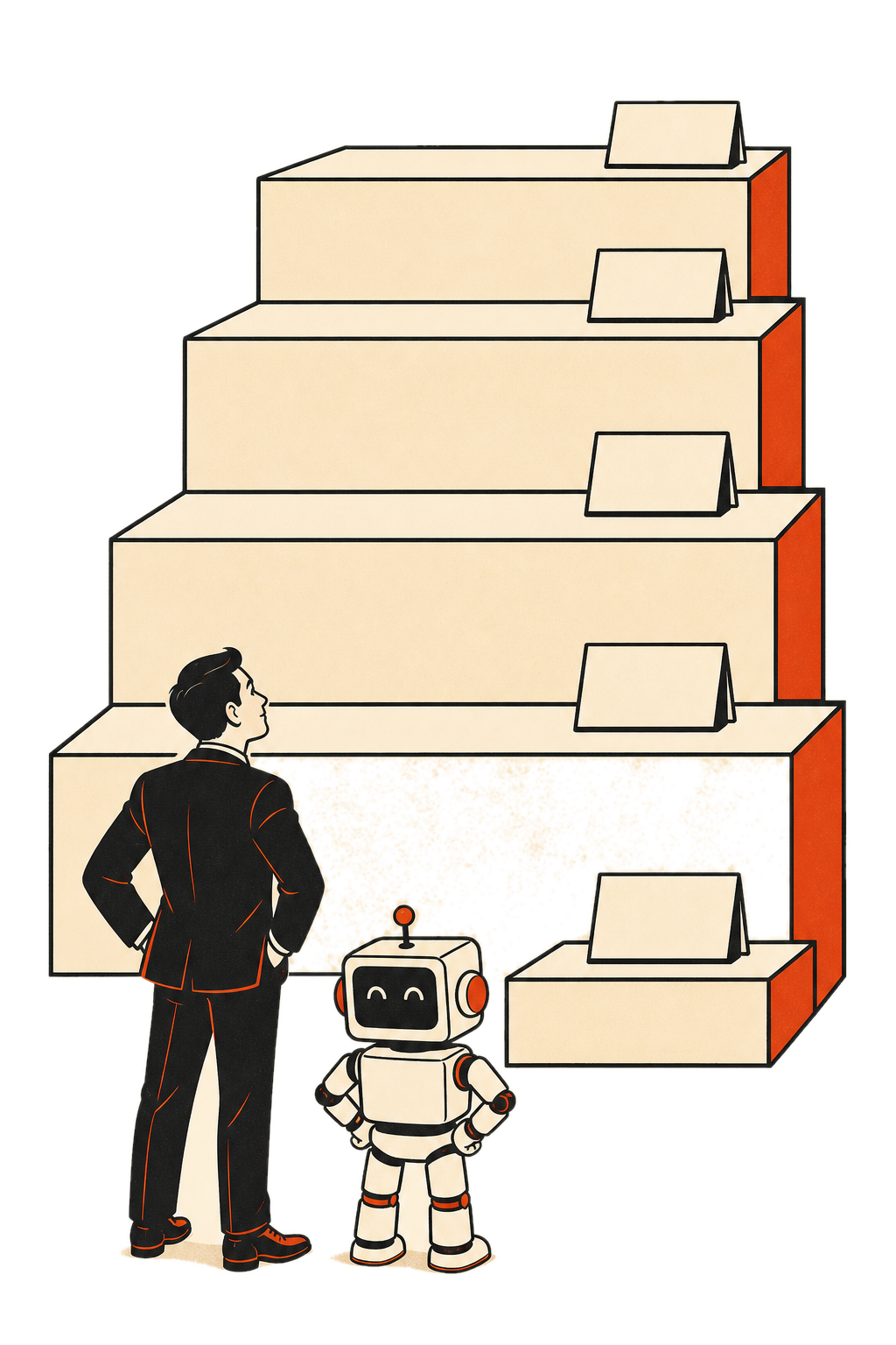 経営者とAIロボットが値札つきの階段を見上げているイラスト