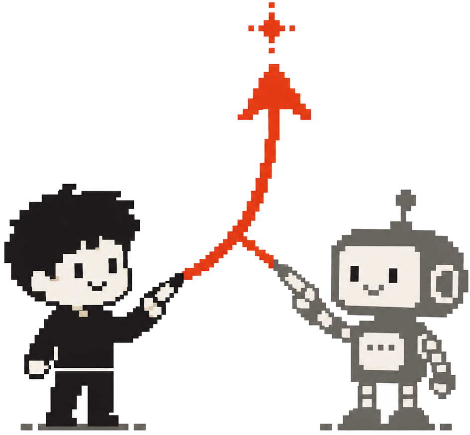 AIロボットと一緒に矢印を上方向に伸ばすイラスト