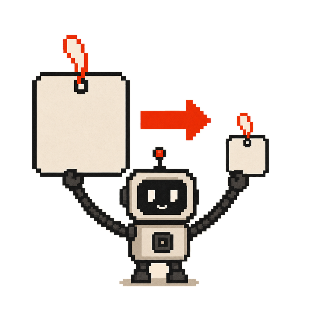 AIロボットが大きな値札と小さくなった値札を見比べているイラスト