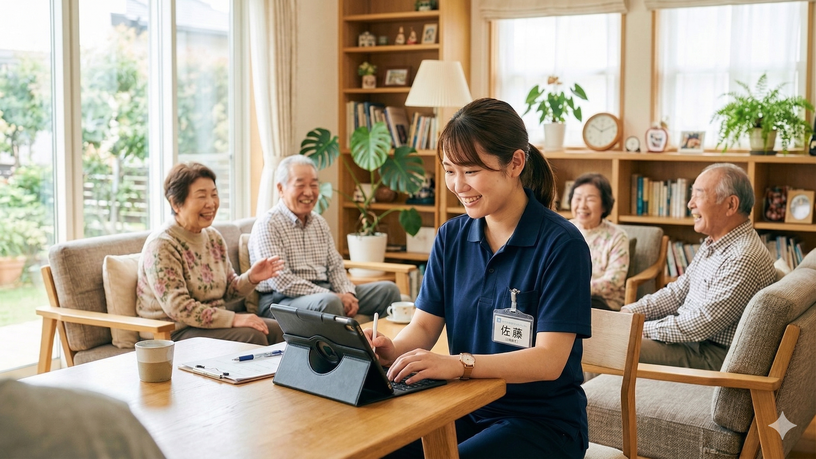 iPadで介護記録を入力するスタッフ