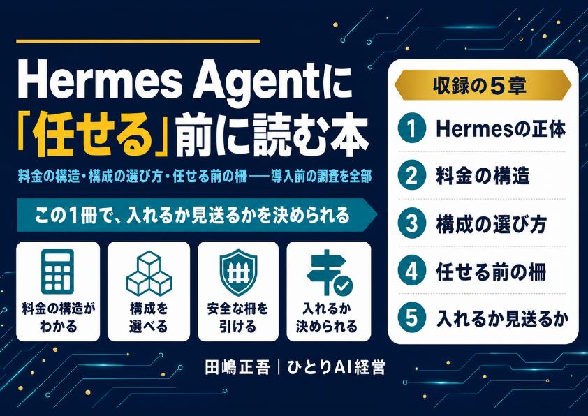 無料配布PDF: Hermes Agentに「任せる」前に読む本 — 料金の構造・構成の選び方・任せる前の柵。導入前の調査を全部