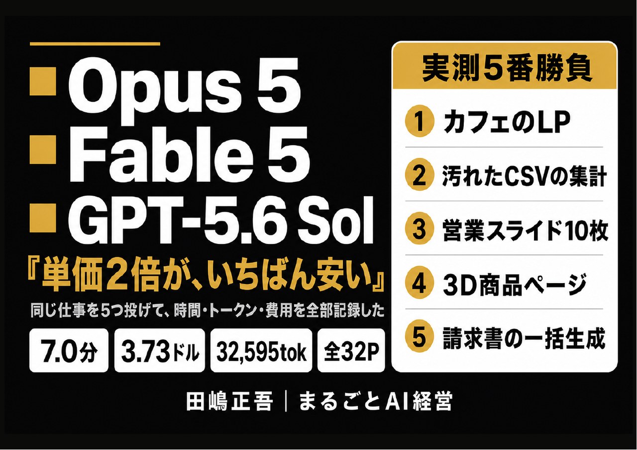 無料配布PDF: 3モデル実測 — Opus 5・Fable 5・GPT-5.6 Sol に同じ仕事を5つ投げて全部測った