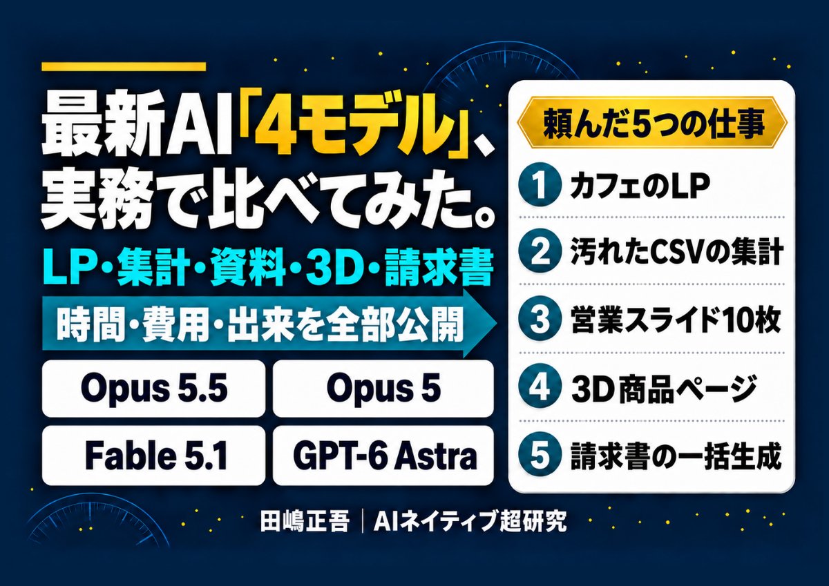 無料配布PDF: 最新AI「4モデル」、実務で比べてみた。Opus 5.5・Opus 5・Fable 5.1・GPT-6 Astra に同じ5課題を投げた実測