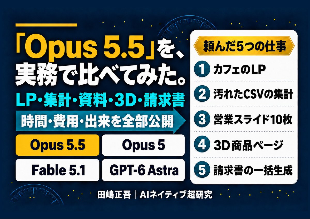 無料配布PDF: Opus 5.5を、Fable 5.1・GPT-6 Astra・Opus 5と実務で比べてみた。同じ5課題を投げた実測